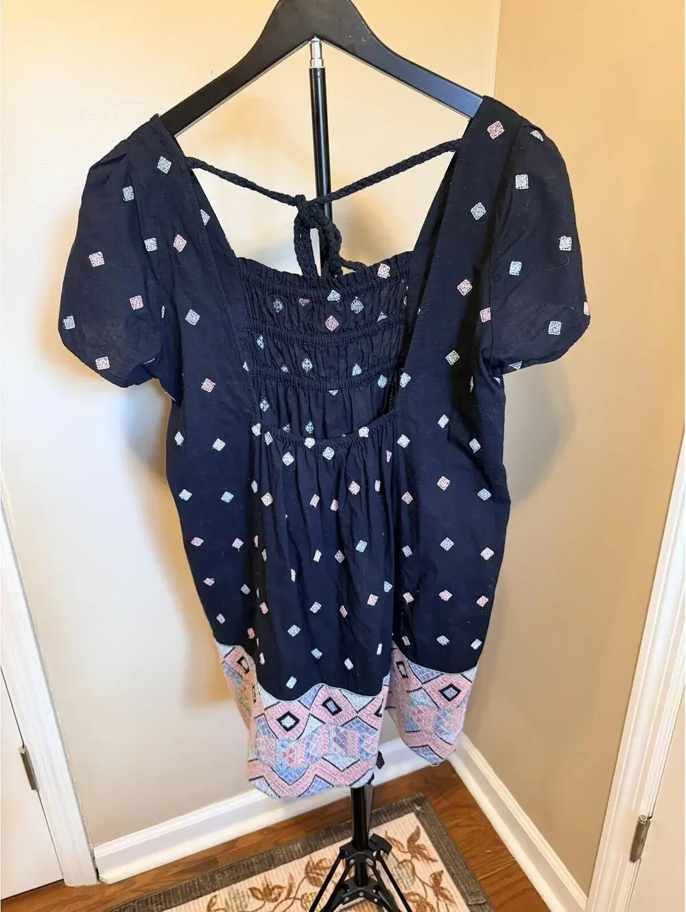 Free People Embroidered Boho Peasant Top Black Pink Geometric Dress Size L